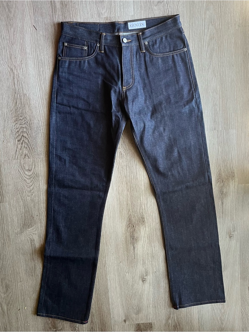 NWOT Gustin Men's Straight Fit Raw Navy Selvedge Denim Jeans - Size 35x34